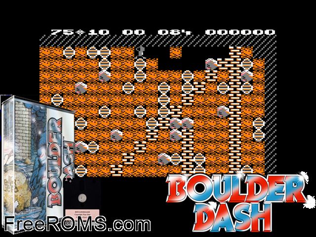 Boulder Dash (UK) (1984) [a2] Amstrad CPC game showing 3D box cover and gameplay screenshot
